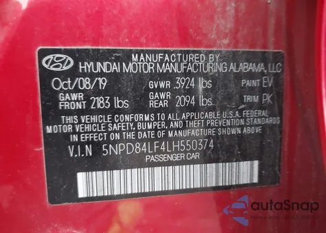 2020 Hyundai Elantra Sel z USA, uszkodzony, nr VIN 5NPD84LF4LH550374